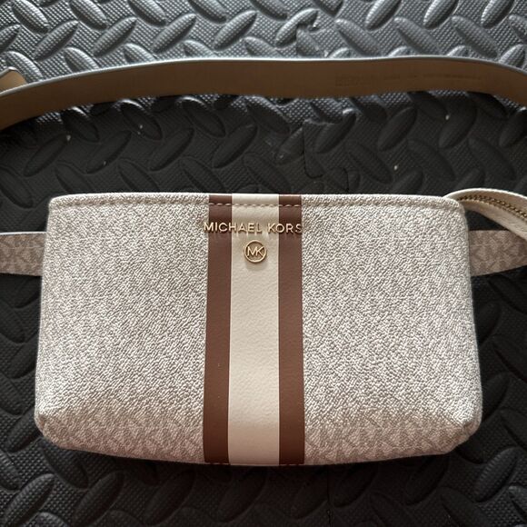 Michael Kors Belt Bag with monogrammed logo pattern Beige Brown Tan Women Gold - Picture 2 of 7